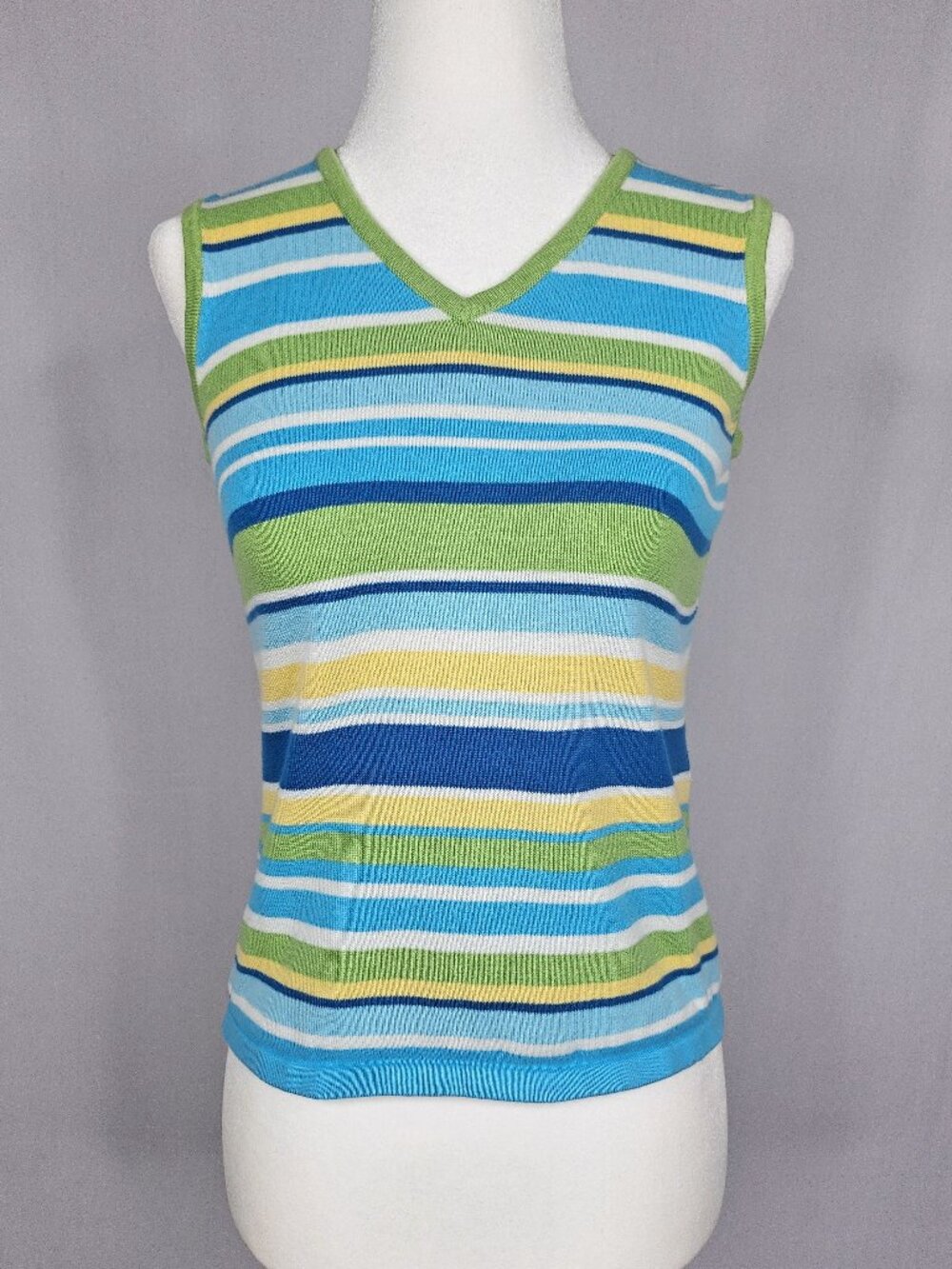 Casual Corner Annex Petite | Sleeveless Knit Top | Striped Blue Green | Size P